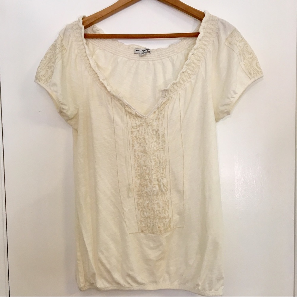 American Eagle Cream Short Sleeve Blouse